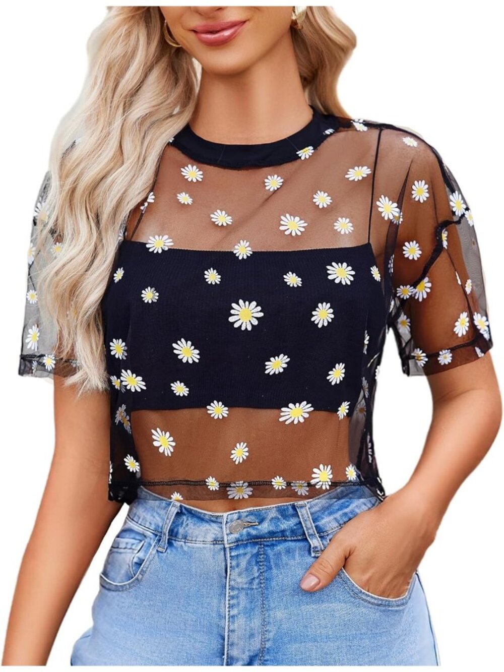 Women's Daisy Black Polyester Mesh Top Sheer Blouse Clubwear Short Sleeve Shirt